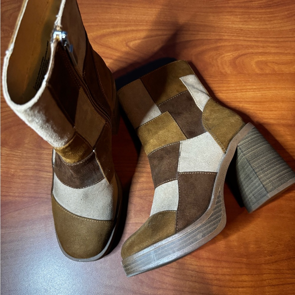 Universal Thread Patchwork Heeled Boots in Brown … - image 1